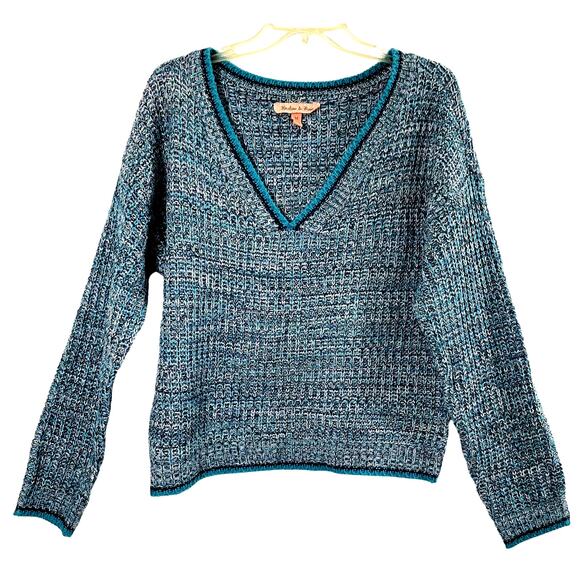 Harlow & Rose Sweater Womens Medium Blue V Neck Chunky Knit Pullover School Girl - Picture 1 of 8